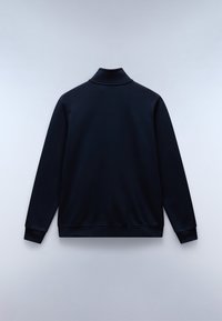 Pull noir à manches longues avec col montant et poignets et bas côtelés, montré de dos sur un fond clair uni.