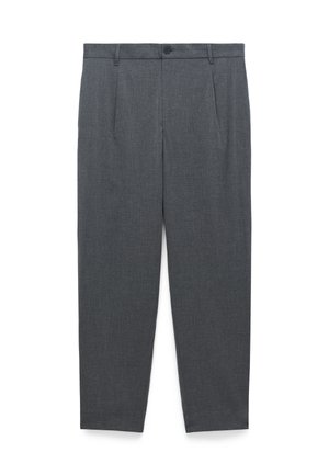 Graue, maßgeschneiderte Hose mit geradem Schnitt, Falten, Knopfverschluss und glatter Stoffstruktur. Geeignet für formelle Anlässe.