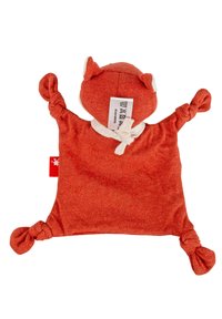 Orange fabric toy with a knotted corner design, featuring a small head with ears and a tag for care instructions. Soft and textured.