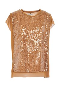 Top dorato con paillettes e maniche corte trasparenti. Presenta un colletto rotondo e una finitura testurizzata, combinando brillantezza con uno strato leggero e sottile.