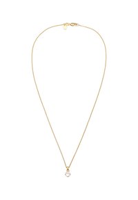 Goldene Kettenhalskette mit einem kleinen herzförmigen, klaren Edelstein-Anhänger. Die Kette hat ein zartes, verdrehtes Design und einen Verschluss.