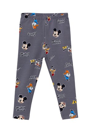 Szare leginsy dziecięce z powtarzającymi się kolorowymi nadrukami z twarzami i imionami Myszki Miki, Donalda, Pluto i Goofy'ego.