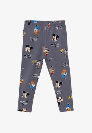 Leggings gris pour enfants avec des impressions colorées répétées des visages et noms de Mickey Mouse, Donald Duck, Pluto et Dingo.