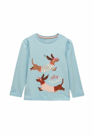 Hellblaues Langarmshirt mit zwei laufenden Dackeln, die Pullover und herzförmige Brillen tragen, Text "silly sausages".