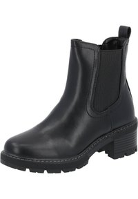 Bottine en cuir noir avec panneaux élastiques sur les côtés, bout rond et petit talon carré. Semelle en caoutchouc texturée avec rainures de traction.