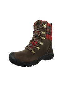 Braune wasserdichte Wanderstiefel mit Obermaterial in rot-grauem Karomuster, Metallösen und einer strukturierten Gummisohle für besseren Halt. Schnürdesign.