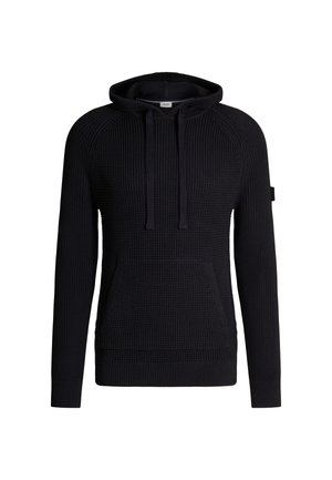Felpa nera con cappuccio realizzata in tessuto a maglia testurizzata, dotata di una tasca frontale, cappuccio con cordino e polsini e orlo a costine.