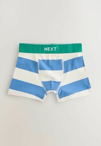Boxers pour hommes à rayures présentant des rayures horizontales bleues et blanches, une ceinture verte avec le logo "NEXT" et une texture en coton doux.