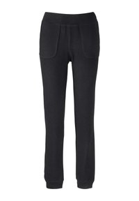 Zwarte fleecesweatpants met elastische tailleband, voorzakken en boordjes aan de enkels.