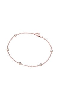 Kette-Armband aus Roségold mit fünf kleinen, runden, klaren Kristallen, die gleichmäßig entlang der Länge verteilt sind. Karabinerverschluss für sicheren Halt.