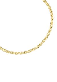 Aranyszínű nyaklánc összekapcsolódó ovális láncszemekkel, amelyek texturált mintázattal rendelkeznek. Simára polírozott felület, fényes csillogással.