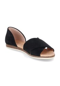 Zwarte suede platte sandaal met een kruispand ontwerp, open teen en een lage, getextureerde kurkachtige zool.