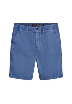 Blaue, leichte Shorts mit zwei Seitentaschen, einem Knopfverschluss und gesteppten Details. Hergestellt aus glattem, atmungsaktivem Material.