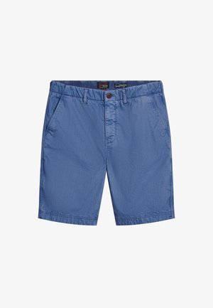 Niebieskie, lekkie szorty z dwoma bocznymi kieszeniami, zapięciem na guzik i przeszyciami. Wykonane z gładkiego, oddychającego materiału.