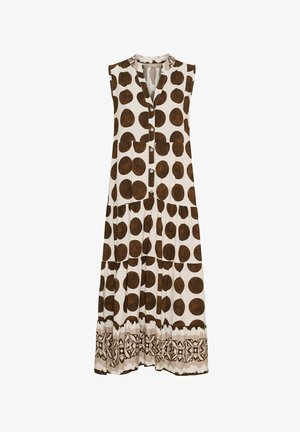Sømløs kjole i creme med store brune prikker, der har knaplukning foran, flæsekrave og mønstret kant.
