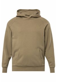 Felpa color khaki con tasca anteriore, cappuccio regolabile con cordino e polsini a costine. Presenta un piccolo logo in rilievo sul petto. Tessuto morbido.
