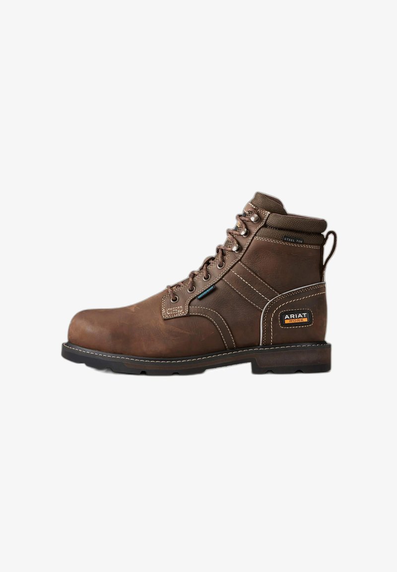 Botte de travail marron en cuir à lacets, embout en acier, étiquette imperméable, col rembourré à la cheville et logo Ariat Work au talon.