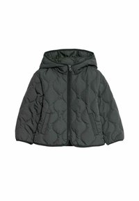 Giacca a vento trapuntata nera con cappuccio, dotata di zip frontale, tasche laterali e una silhouette leggermente accorciata. Tessuto morbido.