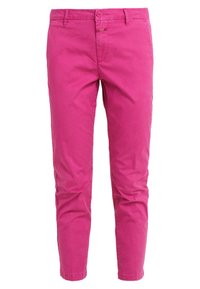 Bright pink slim-fit trousers with belt loops and a button closure, shown against a white background.