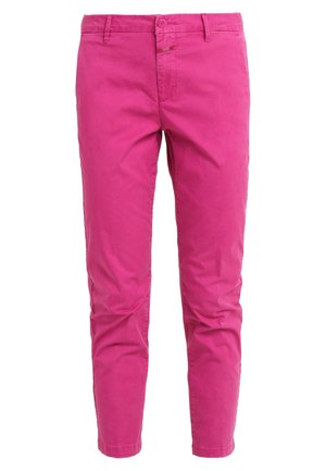 Kirkkaat vaaleanpunaiset slim fit -housut, joissa on vyölenkit ja nappisuljenta, esiteltynä valkoista taustaa vasten.
