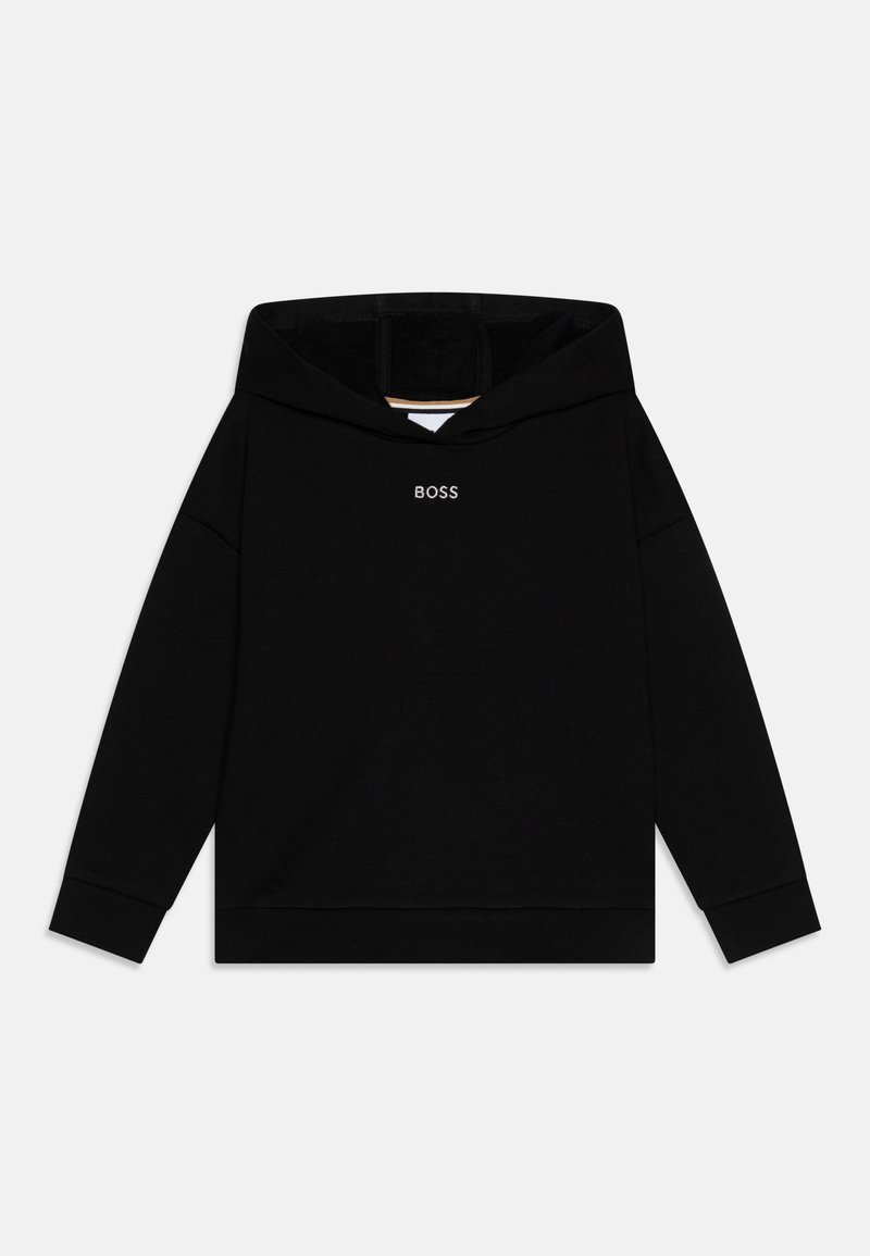 Hoodie noir en tissu doux, avec une poche kangourou à l'avant, des poignets côtelés et le mot "BOSS" brodé en blanc sur la poitrine.