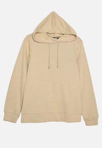 Sudadera beige con capucha ajustable, mangas largas y corte holgado. Tejido suave con una textura lisa y puños y dobladillo acanalados.