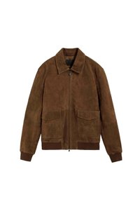 Braune Wildlederjacke mit Frontreißverschluss, zwei Klappentaschen, gerippten Bündchen und Saum sowie klassischem Kragen.