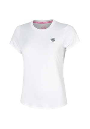 Weißes kurzärmeliges Sport-T-Shirt mit kleinem rundem Logo auf der linken Brust und rosa Nackenband mit Markenaufdruck.