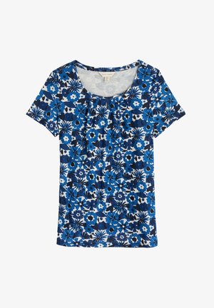 Kurzarm-T-Shirt mit Rundhalsausschnitt in Blautönen und floralem Muster. Hergestellt aus weichem Stoff mit lockerer Passform und subtilen Raffungselementen.