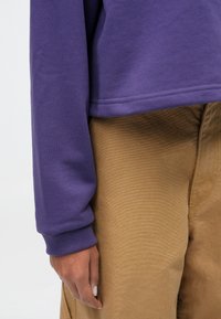 Purple sweatshirt with ribbed cuffs, detailed stitching, paired with tan pants featuring a smooth texture and contrasting seams.