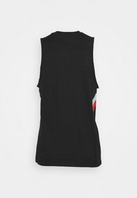 Czarny bezrękawnik z okrągłym dekoltem, z multikolorowymi poziomymi paskami po bokach. Miękka tkanina o gładkiej fakturze.