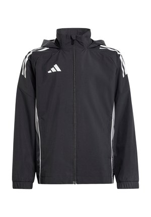 Zwarte zip-up jack met een capuchon, witte strepen op de schouders en zijzakken. Gemaakt van lichtgewicht, textuurmateriaal.