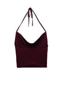 Cowl-neck cropped top in diep bordeaux, halterstrik bij de nek, gemaakt van zachte stretchstof, gladde textuur, strakke pasvorm en ongecompliceerd.