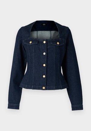Jachetă din denim închis, cu o siluetă ajustată, mâneci lungi, închidere cu nasturi și două buzunare la piept. Accentele din metal auriu îmbunătățesc designul.