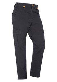Pantalones cargo en algodón gris oscuro, con múltiples bolsillos laterales, botones en tono dorado y un diseño de pierna recta para utilidad y comodidad.