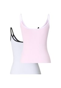 Dve ľahké priliehavé tielka: jedno ružové s širokými ramienkami a jedno biele s čiernymi detailmi, vyrobené z hladkej látky.