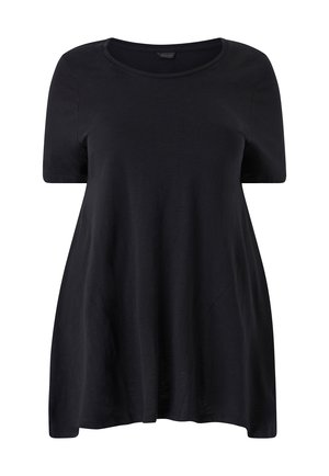 Black short-sleeve tunic top with a round neckline, made of soft fabric. Features a relaxed fit and subtle side seam pockets.