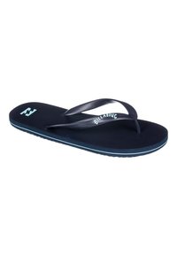 Infradito blu navy con soletta testurizzata, cinturini sottili e logo discreto. Presenta un accento azzurro chiaro lungo il bordo della suola.