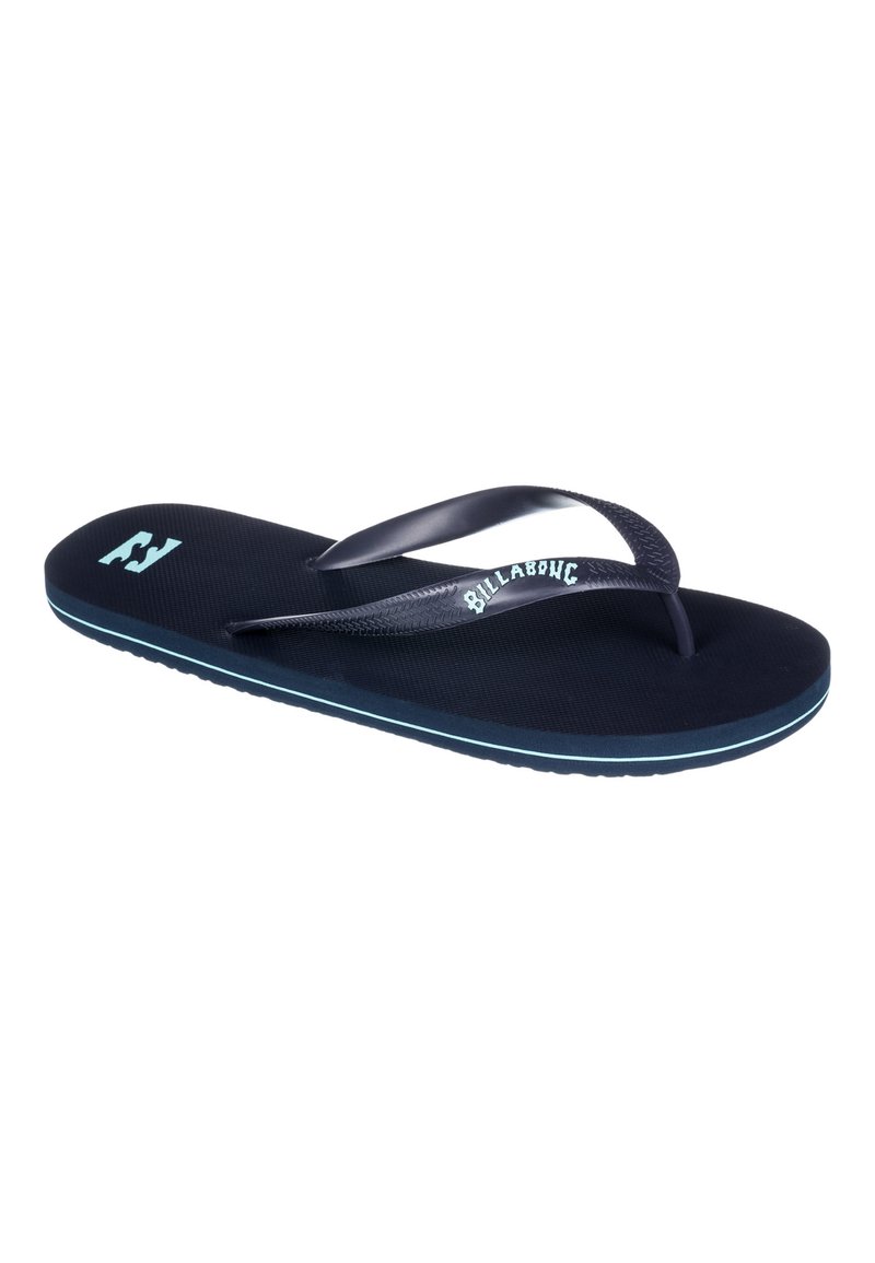 Infradito blu navy con soletta testurizzata, cinturini sottili e logo discreto. Presenta un accento azzurro chiaro lungo il bordo della suola.