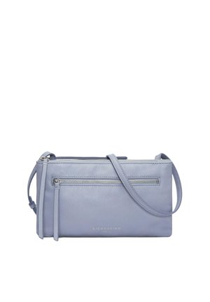 Petit sac à bandoulière en cuir bleu clair avec poche avant zippée et bandoulière réglable, marqué du logo "Liebeskind".