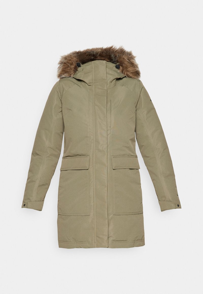 Olivgrüne, knielange Parka mit einem gefütterten Kapuze aus Fell, zwei Fronttaschen und einem Reißverschluss. Verfügt über Steppdetails und verstellbare Bündchen.