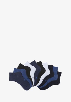 Eine Auswahl von 12 Knöchelsocken in Marineblau, Schwarz, Weiß und Dunkelblau, mit gerippten Bündchen und dezenten Musterakzenten.