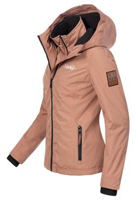 Waterafstotende, lichtbruine jas met een capuchon, ritszakken, elastische manchetten en een logopatch op de mouw. Gladde textuur.