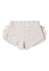Leichte Baumwollshorts in Pastellfarben, mit einem kleinen Blumenmuster, einem elastischen Bund und gerafften Saumdetails.