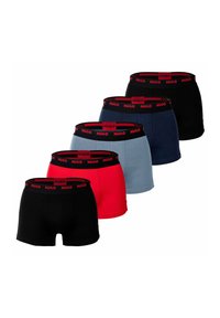 Five pairs of boxer shorts in black, red, blue, gray, and navy, featuring a black waistband with red "HUGO" branding.