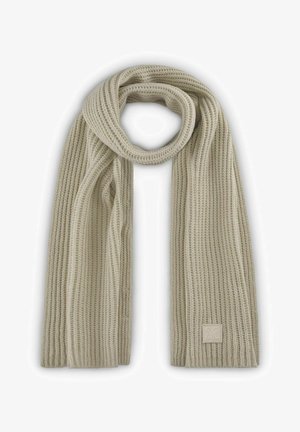 Knit scarf in light beige with ribbed texture. Features a square logo patch stitched at one end. Long and flexible design for easy draping.
