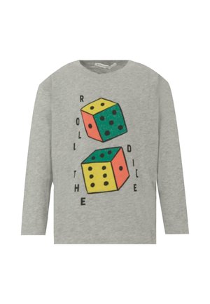 Gray long-sleeve shirt featuring colorful graphic print of two dice and the phrase "ROLL THE DICE" in black text. Cotton material.
