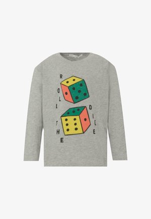 Harmaa pitkähihaisessa paidassa on värikäs grafiikka, jossa on kaksi noppaa ja lause "ROLL THE DICE" mustalla tekstillä. Puuvillamateriaali.