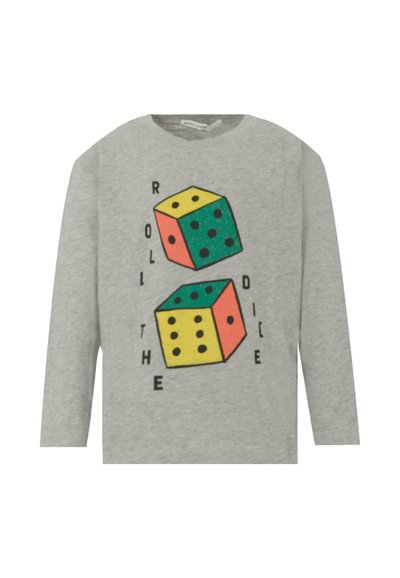 Graues Langarmshirt mit buntem Grafikdruck von zwei Würfeln und dem Spruch "ROLL THE DICE" in schwarzer Schrift. Aus Baumwolle.