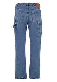 Blå denim cargo bukser har et rett ben-design, to baklommer og en sidelomme til verktøy. Teksturert stoff med en falmet finish.